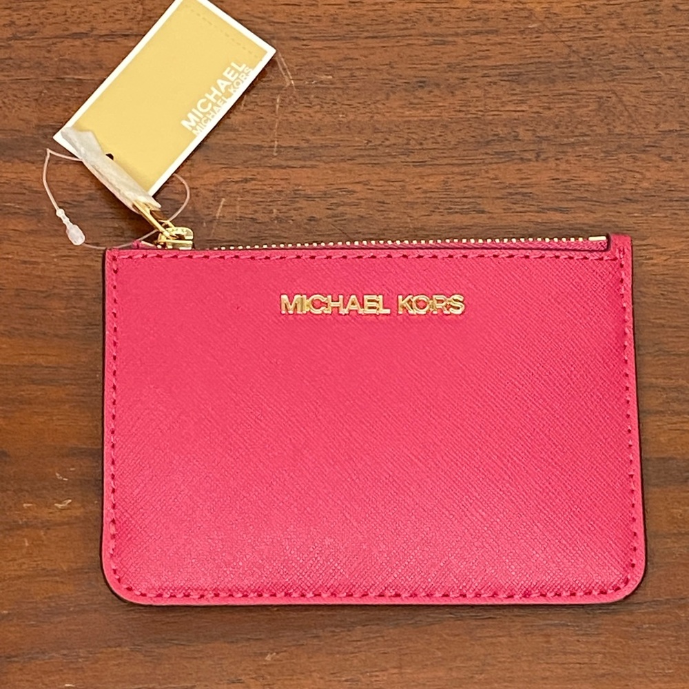 MICHAEL KORS JET SET TRAVEL SMALL COIN POUCH ID HOLDER LEATHER WALLET HOT PINK